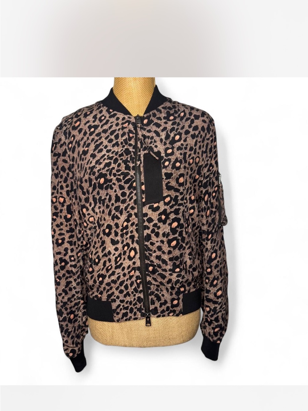 AllSaints Leopard-Print Bomber Jacket in Black and Taupe